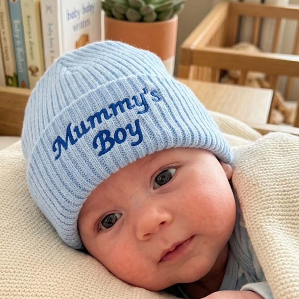 KW116: Baby Embroidered Mummy's Boy Knitted Hat (Newborn -3 Months) KW116: Baby Embroidered Mummy's Boy Knitted Hat (Newborn -3 Months)